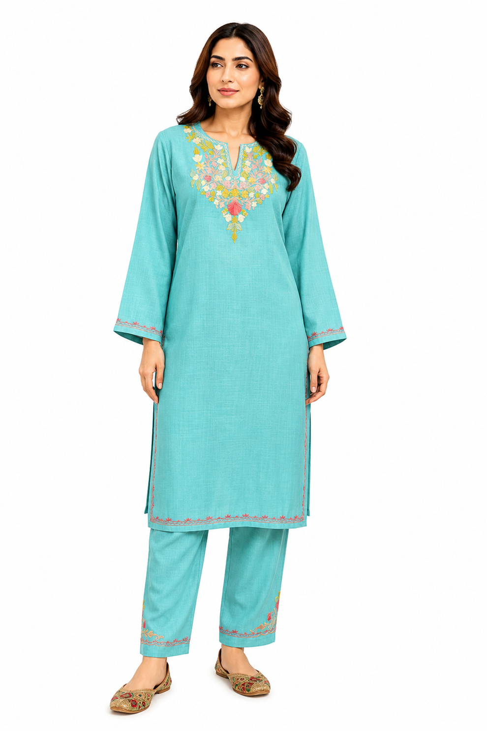 Kashmiri Manual Aari worked cotton Co-Ord Set | Ocean Breeze