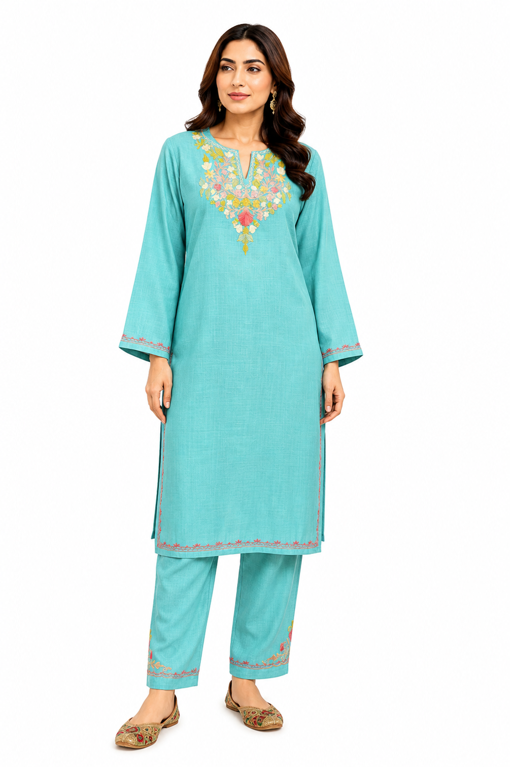 Kashmiri Manual Aari worked cotton Co-Ord Set | Ocean Breeze