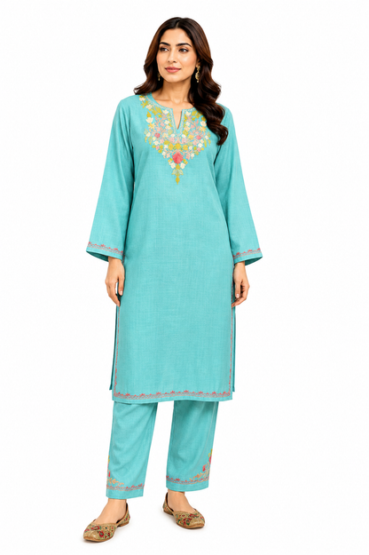 Kashmiri Manual Aari worked cotton Co-Ord Set | Ocean Breeze