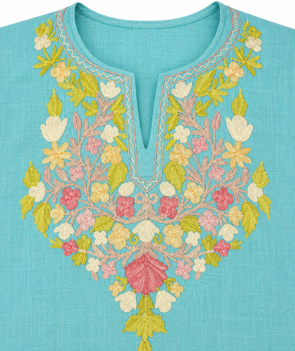 Kashmiri Manual Aari worked cotton Co-Ord Set | Ocean Breeze