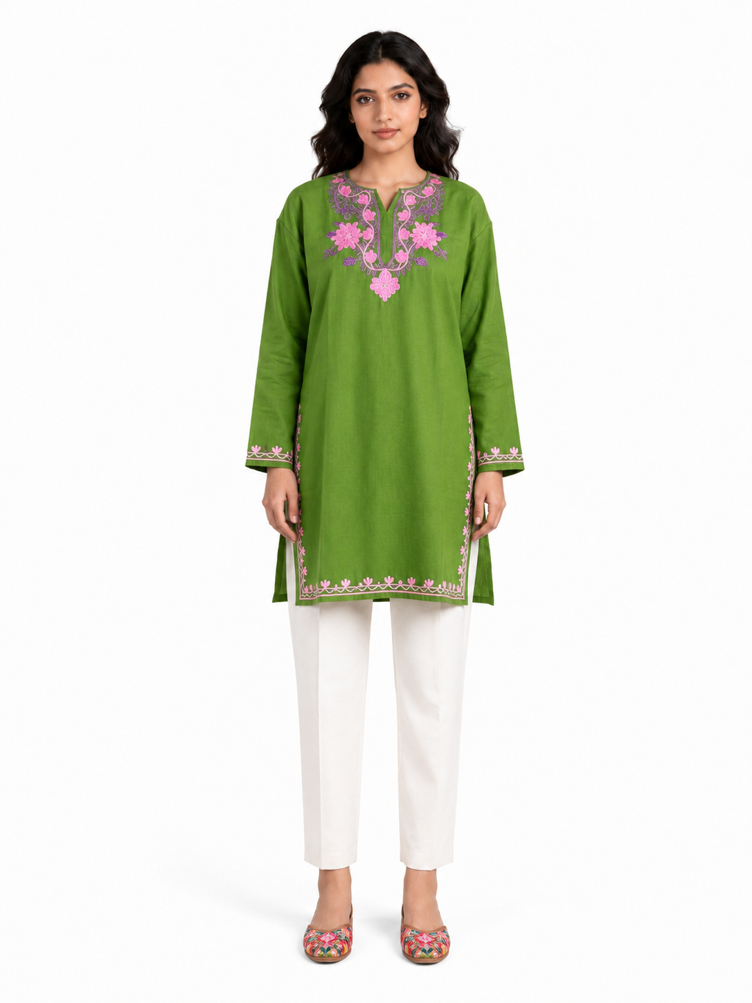 Noor : Aari embroidery summer kurti | Bottle Green