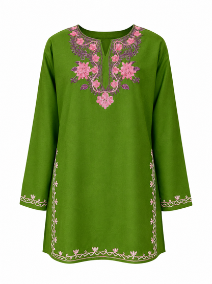Noor : Aari embroidery summer kurti | Bottle Green