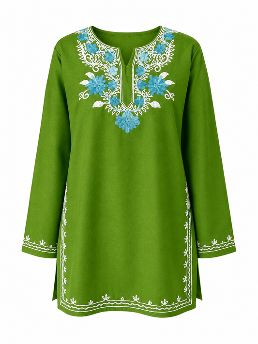 Noor : Aari embroidery summer kurti | Bottle Green