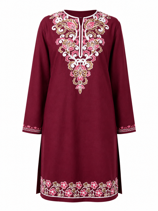 Noor : Aari embroidery summer kurti | Dark Red