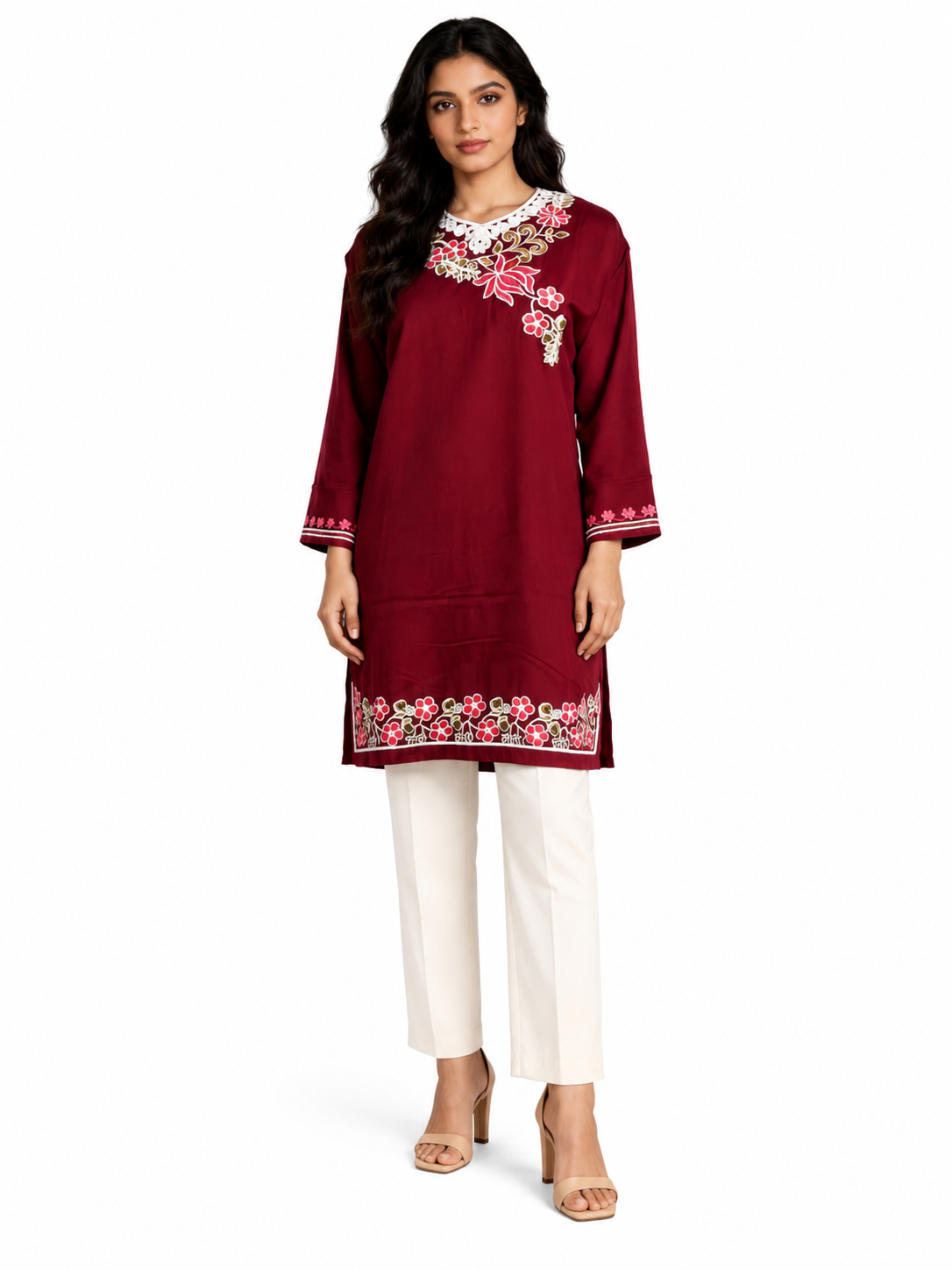Noor : Aari embroidery summer kurti | Dark Red