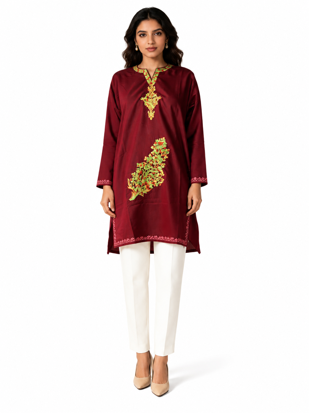 Noor : Aari embroidery summer kurti | Dark Red