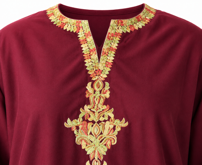 Noor : Aari embroidery summer kurti | Dark Red