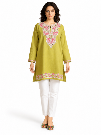 Noor : Aari embroidery summer kurti | Dark Yellow