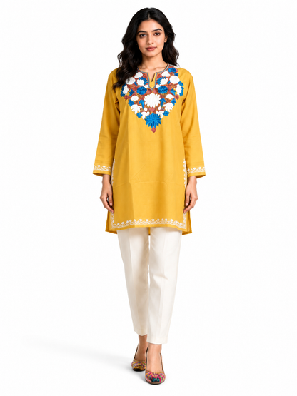 Noor : Aari embroidery summer kurti | Mustard
