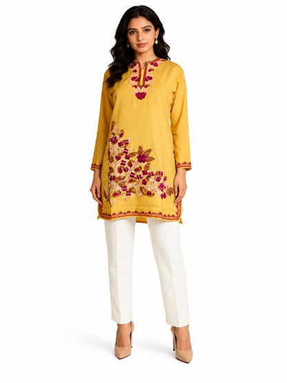 Noor : Aari embroidery summer kurti | Mustard