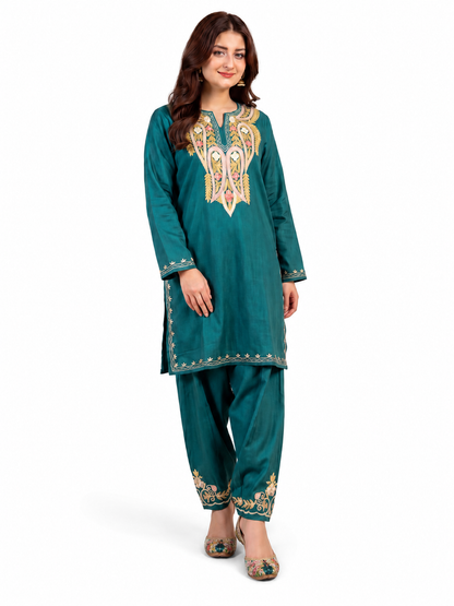 Kashmir Aari cotton Co-Ord Set | Dark Teal