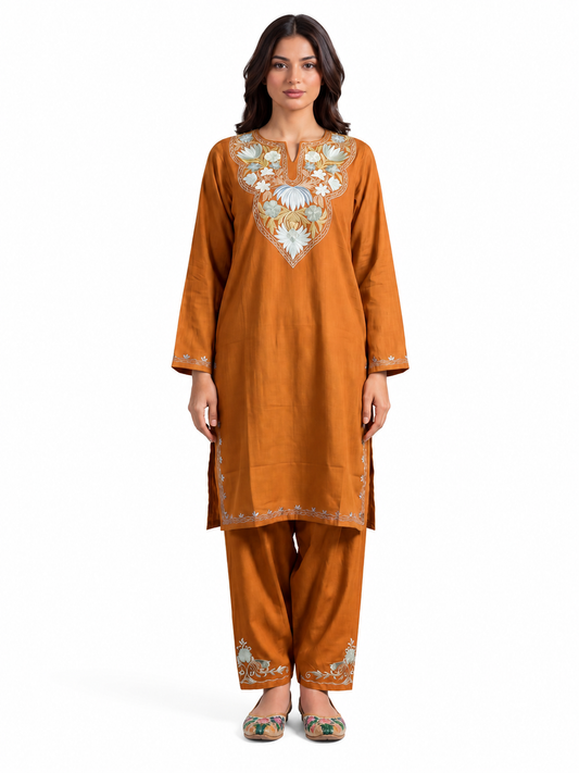 Kashmir Aari cotton Co-Ord Set | Brown