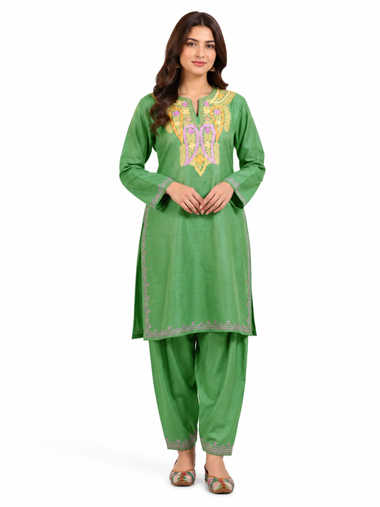 Kashmir Aari cotton Co-Ord Set | Dark Green
