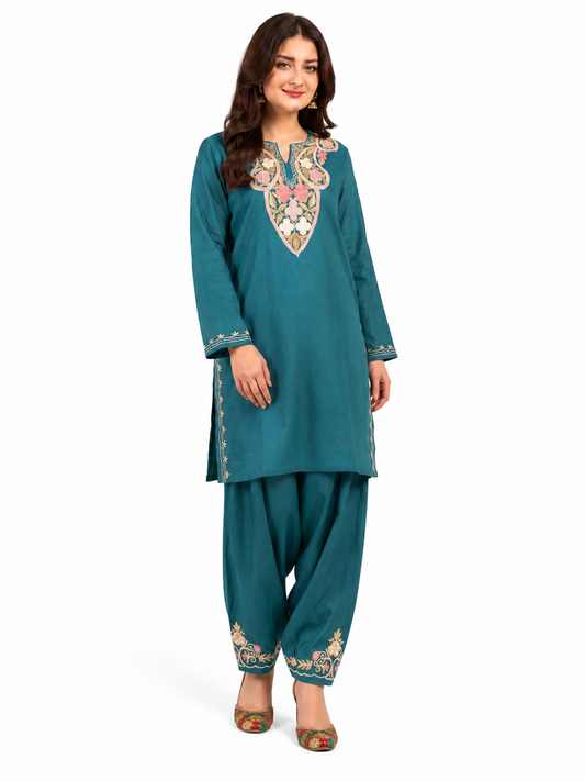 Kashmir Aari cotton Co-Ord Set | Dark Teal