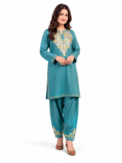 Kashmir Aari cotton Co-Ord Set | Dark Teal