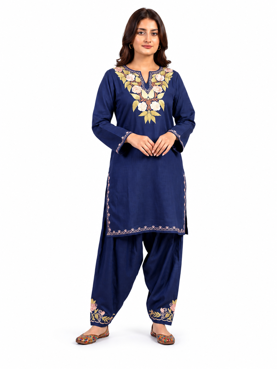 Kashmiri Manual Aari worked Cotton Co-Ord Set | Royal Indigo