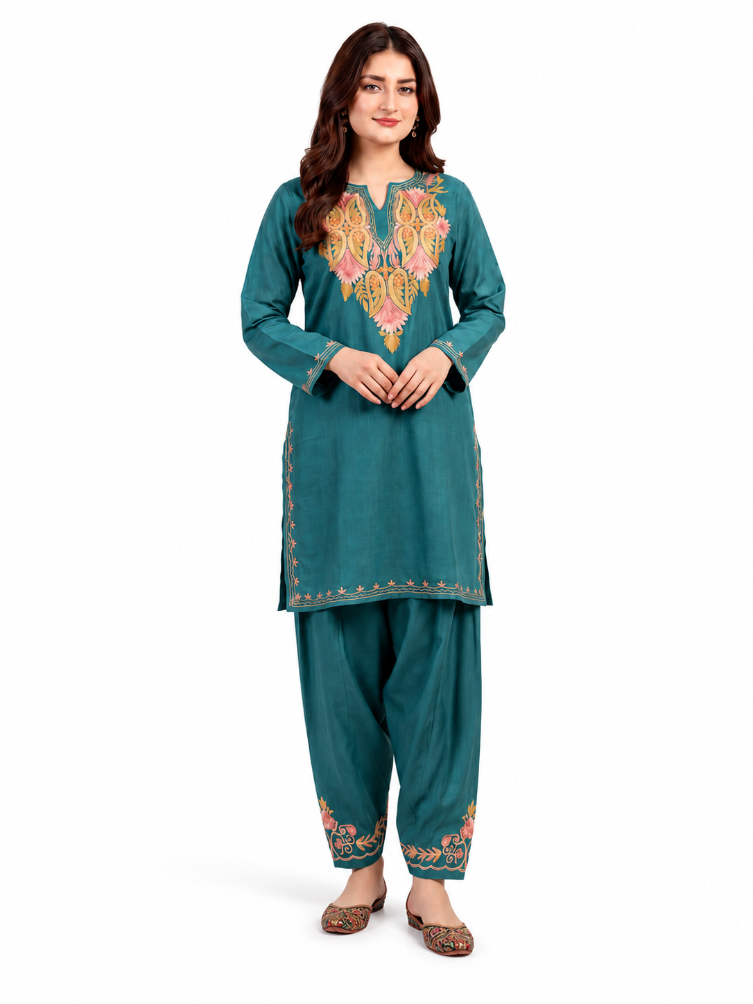 Kashmiri Manual Aari worked cotton Co-Ord Set | Ocean Breeze