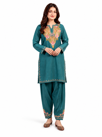 Kashmiri Manual Aari worked cotton Co-Ord Set | Ocean Breeze
