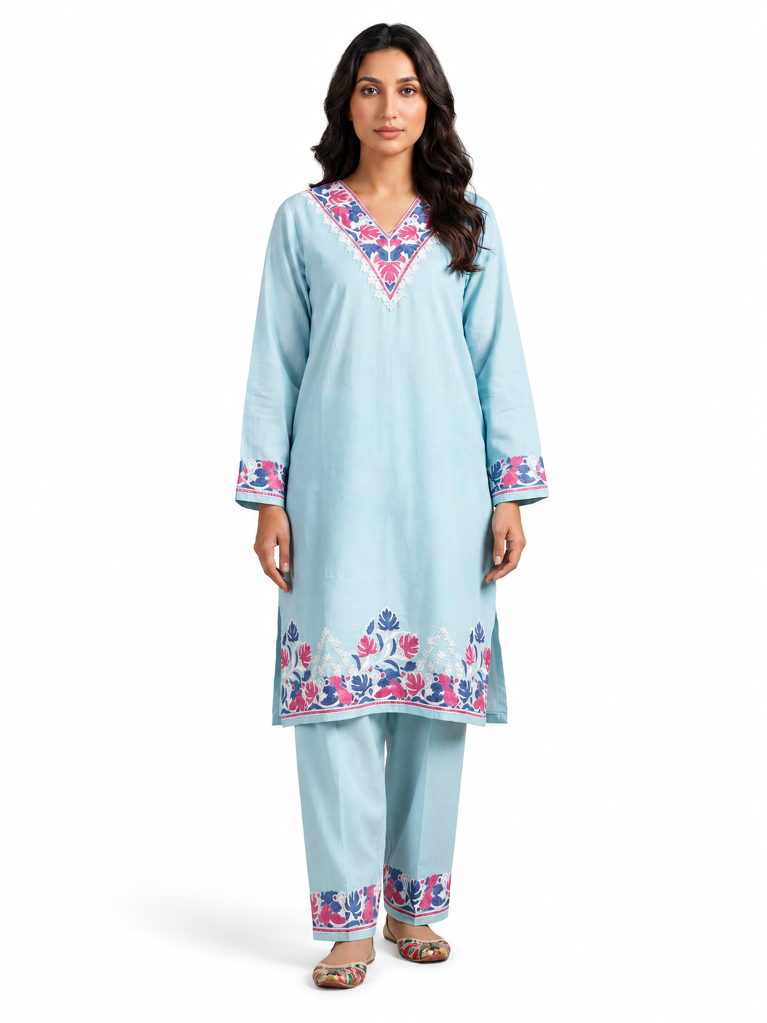 Noor : Kashmiri Aari embroidery summer Co-Ord Set | Aqua