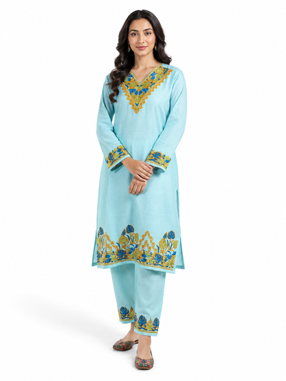 Noor : Kashmiri Aari embroidery summer Co-Ord Set | Aqua
