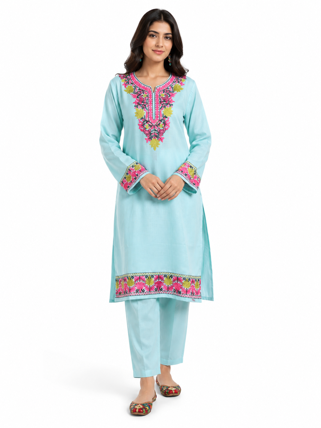Noor : Kashmiri Aari embroidery summer Co-Ord Set | Aqua