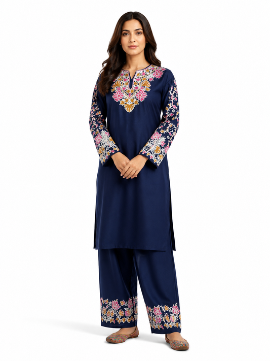 Noor : Aari embroidery summer Co-Ord Set | Dark Blue