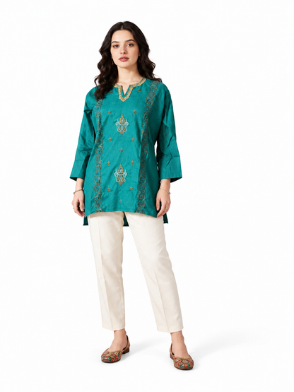 Noor : Sozni embroidery summer kurti | Dark Teal