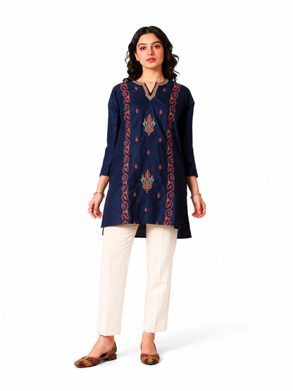 Noor : Sozni embroidery summer kurti | Royal Indigo