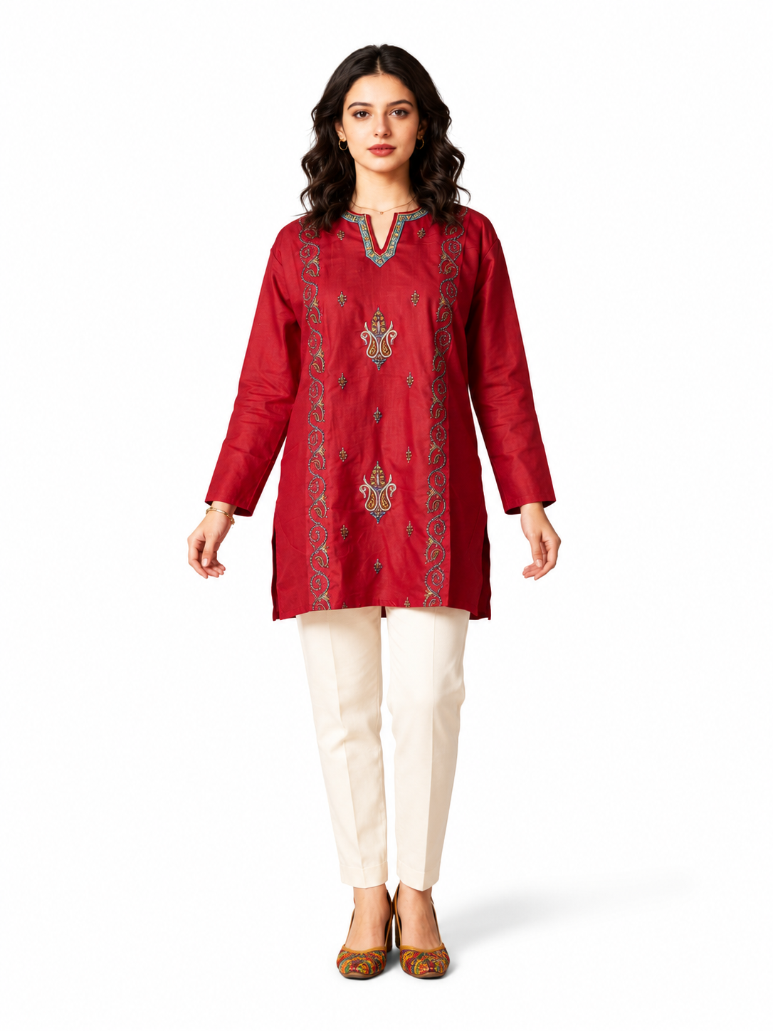 Noor : Sozni embroidery summer kurti | Red