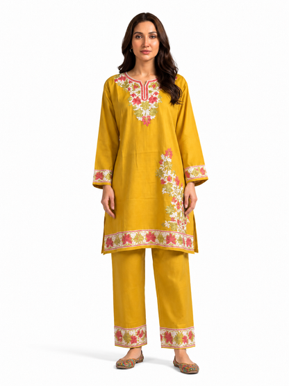 Noor : Aari embroidery summer Co-Ord Set | Gold
