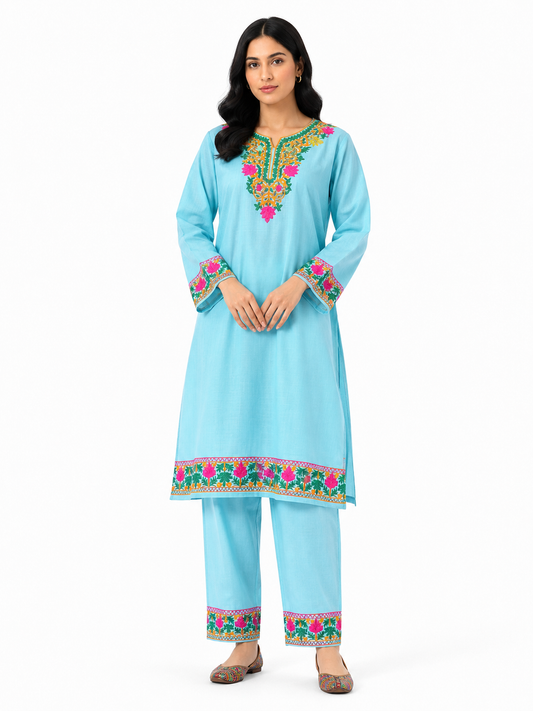 Kashmir Aari cotton Co-Ord Set | Light Turquoise