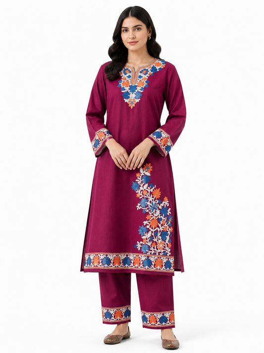 Kashmir Aari cotton Co-Ord Set | Plum