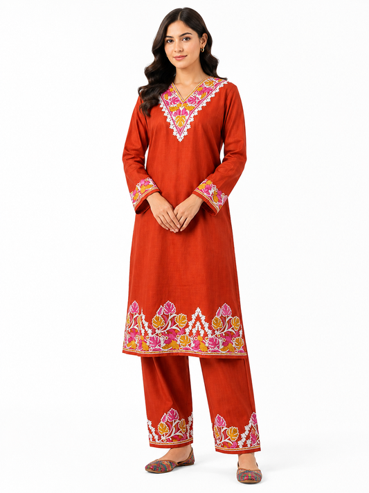 Kashmir Aari cotton Co-Ord Set | Sassy Salmon