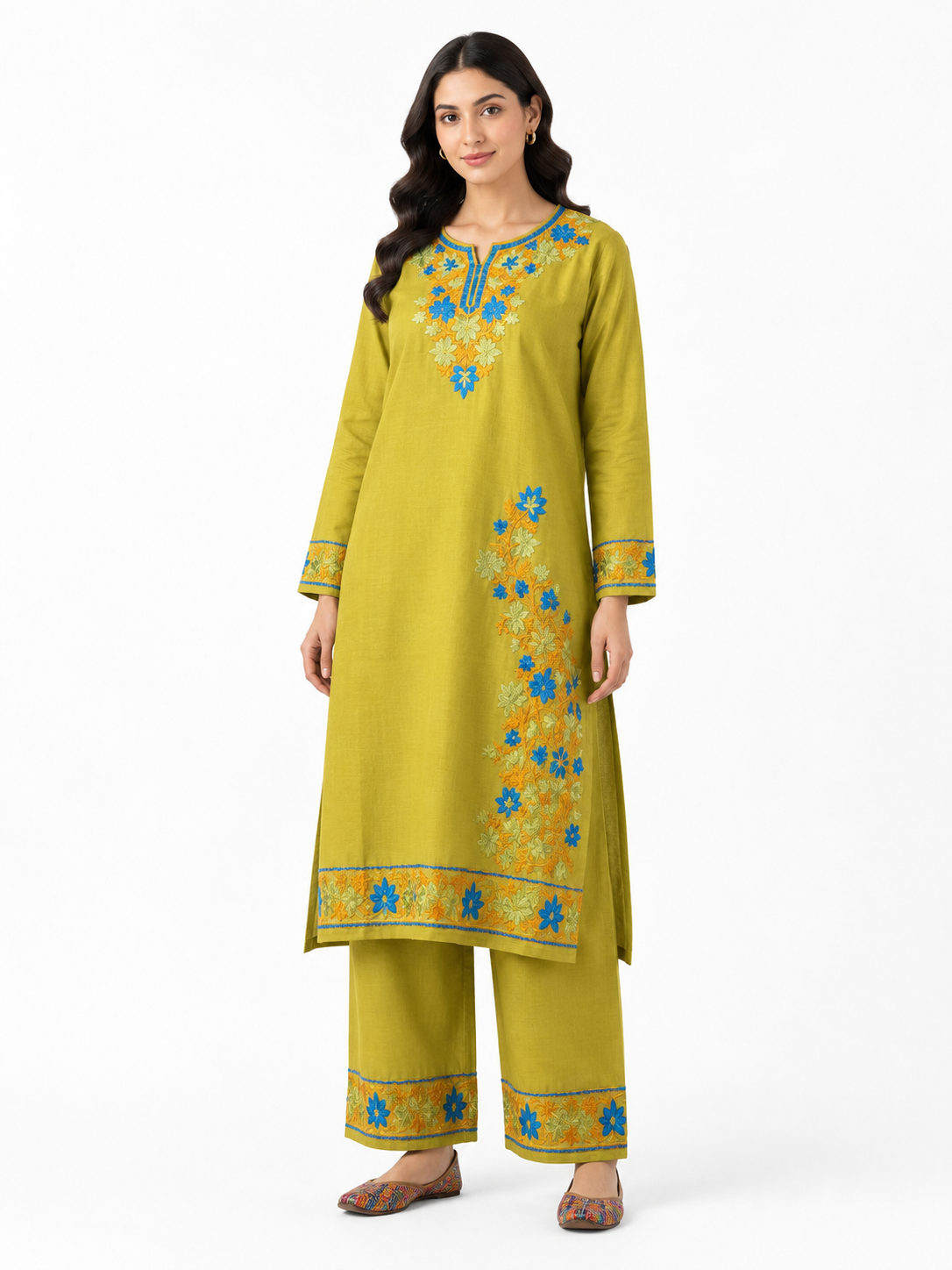 Kashmir Aari cotton Co-Ord Set | Light Moss Green