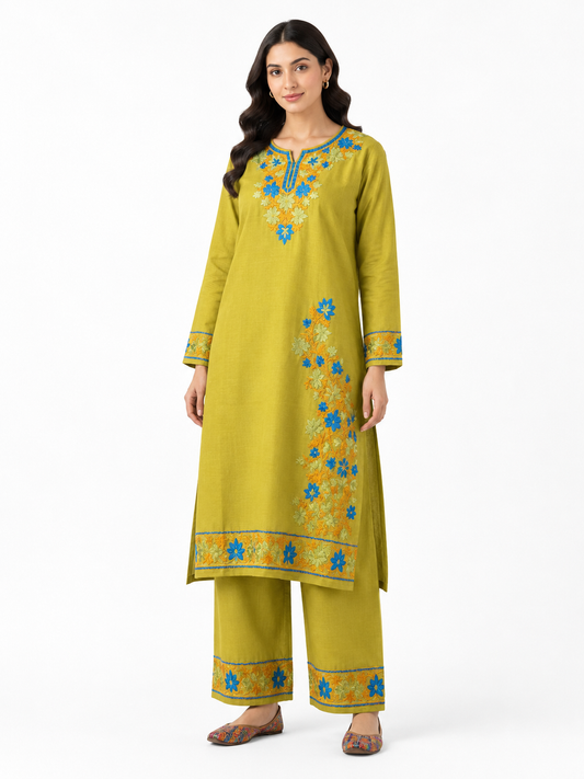 Kashmir Aari cotton Co-Ord Set | Light Moss Green
