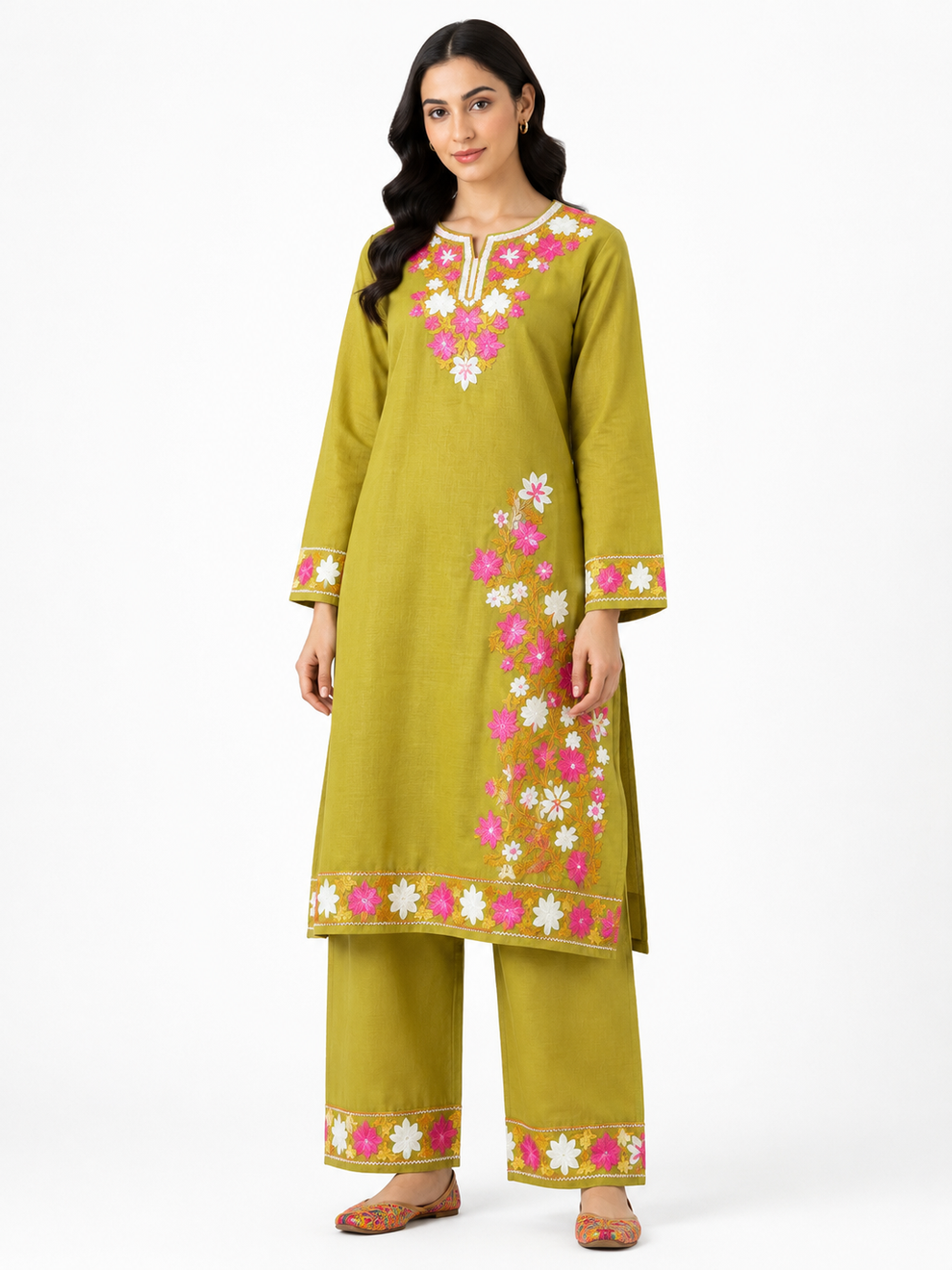 Kashmir Aari cotton Co-Ord Set | Light Moss Green