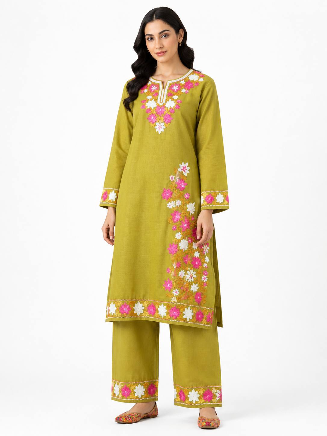 Kashmir Aari cotton Co-Ord Set | Light Moss Green