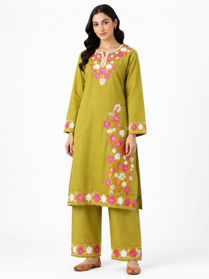 Kashmir Aari cotton Co-Ord Set | Light Moss Green