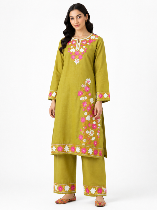 Kashmir Aari cotton Co-Ord Set | Light Moss Green