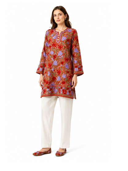Noor : chinar embroidery summer kurti | Brown
