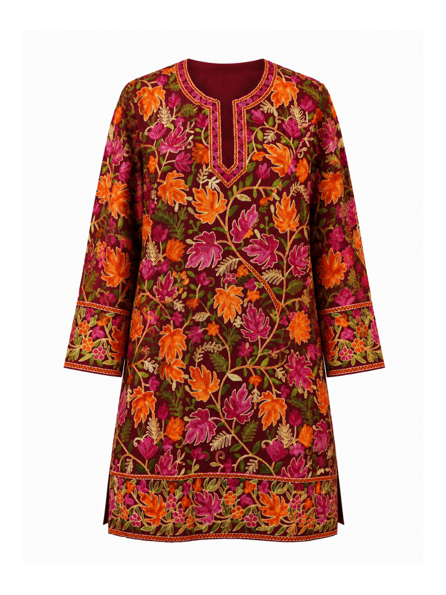 Noor : chinar embroidery summer kurti | Dark Red