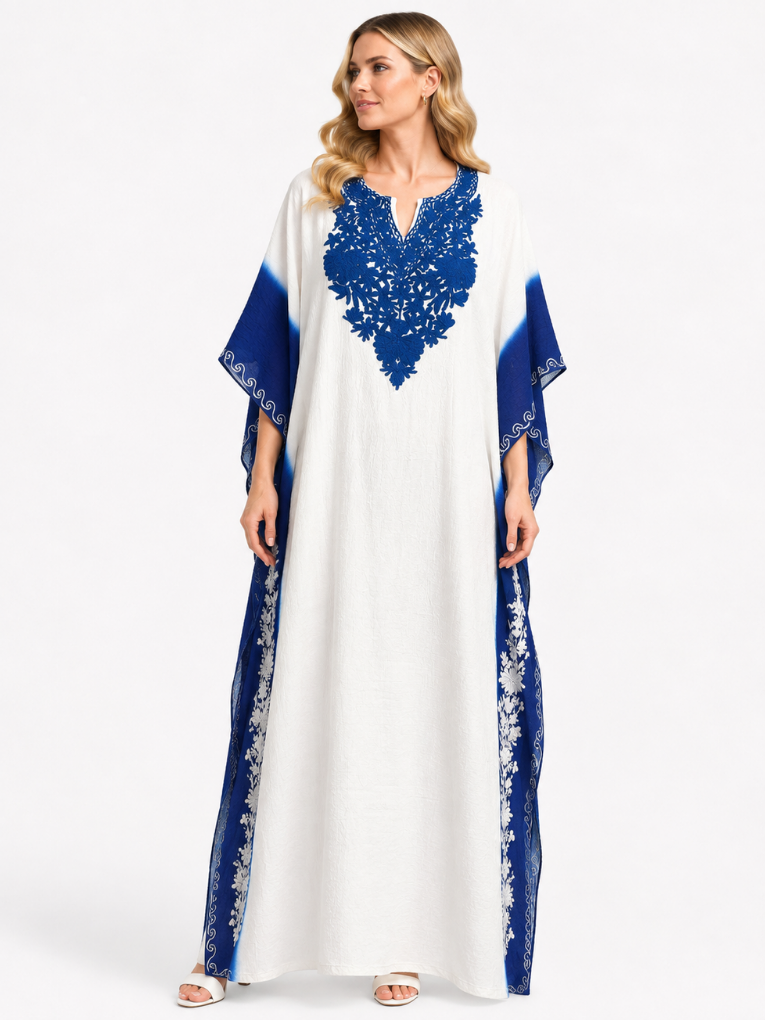 Kohsar White Cotton Kaftan with Indigo Valley Aari Embroidery