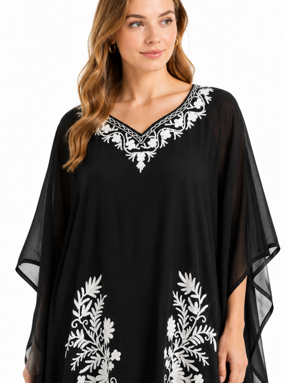 Midnight Noir Chiffon Kaftan with Pearl White Aari Embroidery
