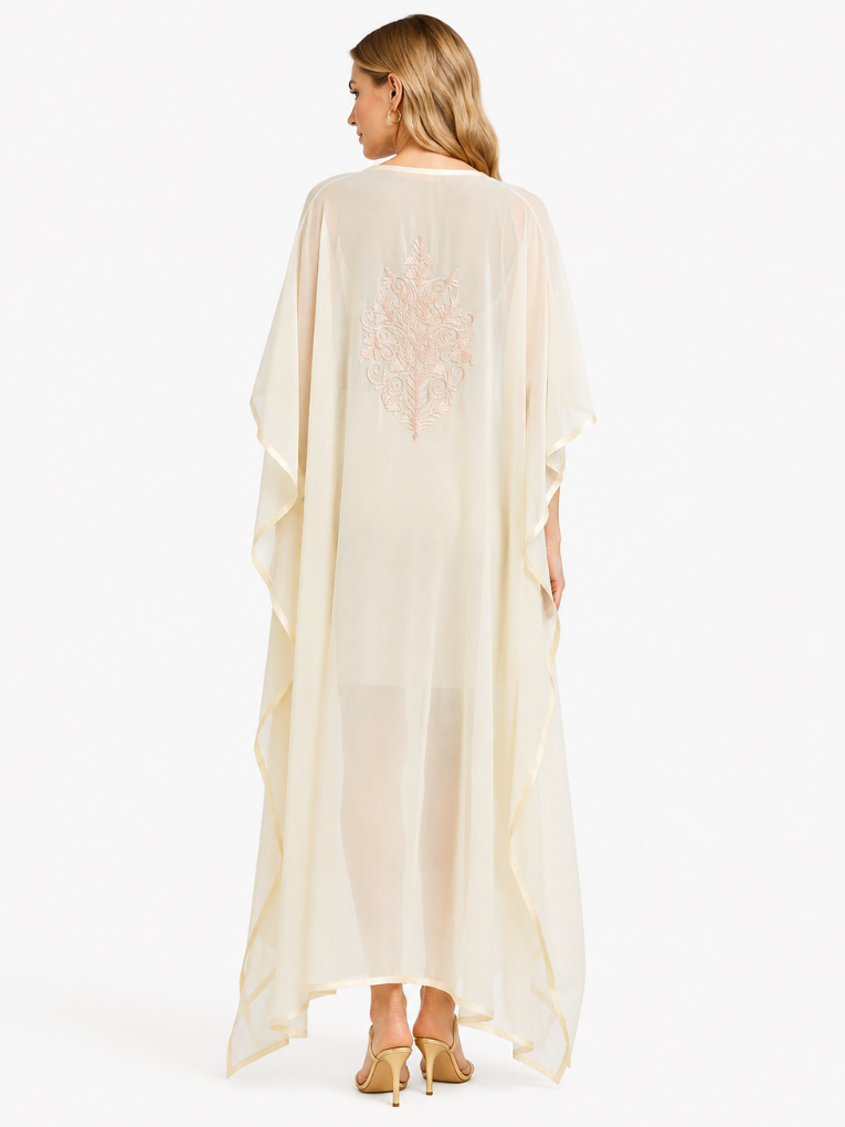 Graceful Ivory Embroidered Kaftaan with Ornate Neckline and Floral Motif Detailing