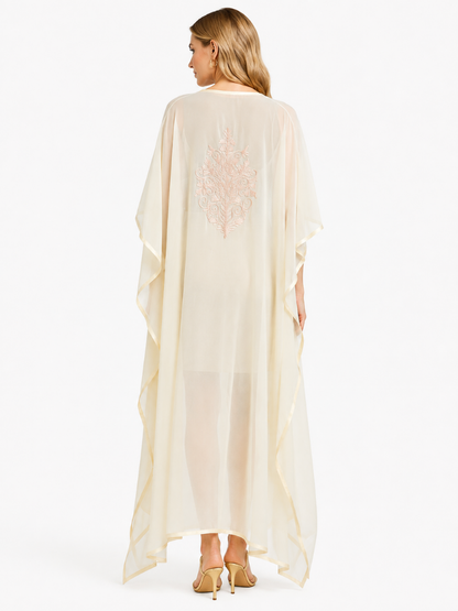 Graceful Ivory Embroidered Kaftaan with Ornate Neckline and Floral Motif Detailing