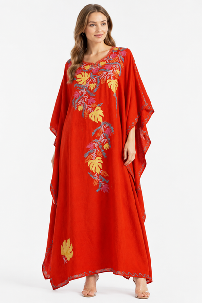 Crimson Bloom Crepe Kaftan with Multicolor Floral Embroidery
