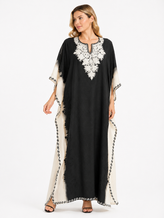 Elegant Black and Ivory Long Kaftaan with Intricate White Floral Embroidery and Decorative Sleeve Detailing
