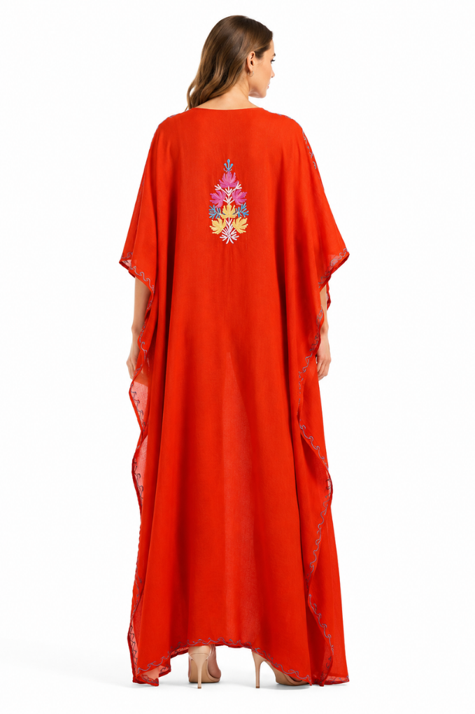 Crimson Bloom Crepe Kaftan with Multicolor Floral Embroidery