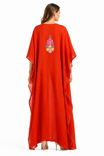 Crimson Bloom Crepe Kaftan with Multicolor Floral Embroidery