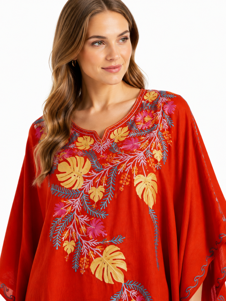 Crimson Bloom Crepe Kaftan with Multicolor Floral Embroidery